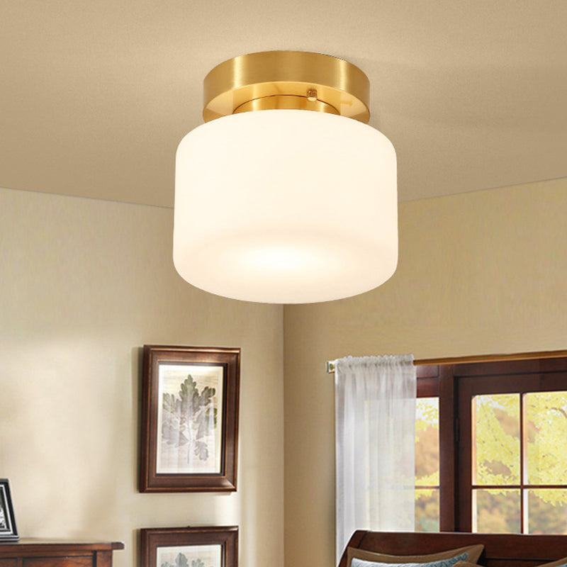 1 Light Cylindrical Glass Semi Flush Mount Lighting Modern Minimalism Gold Ceiling Light for Hallway