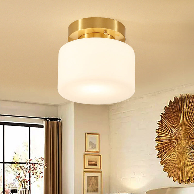 1 Light Cylindrical Glass Semi Flush Mount Lighting Modern Minimalism Gold Ceiling Light for Hallway