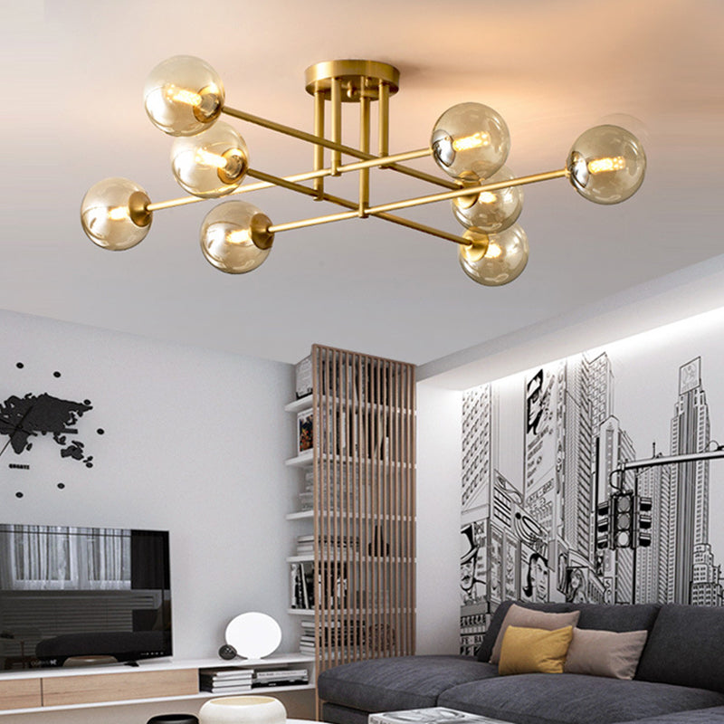 Postmoderne Metall Semi Flush Mount Globe Glasschatten Decke Spülhalterung in Gold für Schlafzimmer