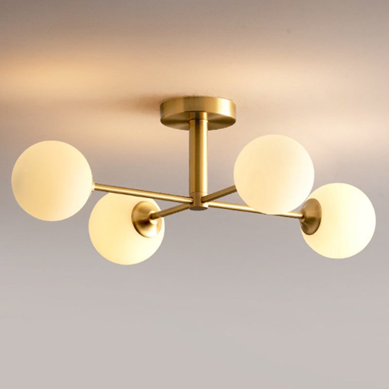 Post-Modern Metal Semi Flush Mount Globe Glass Shade Ceiling Flush Mount in Gold  for Bedroom