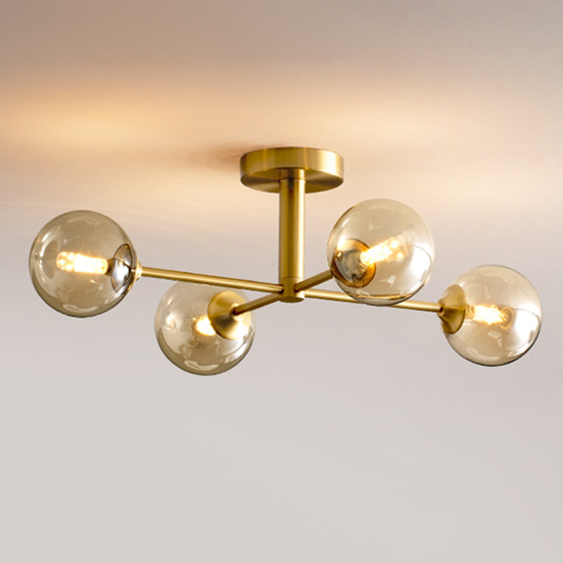 Post-Modern Metal Semi Flush Mount Globe Glass Shade Ceiling Flush Mount in Gold  for Bedroom