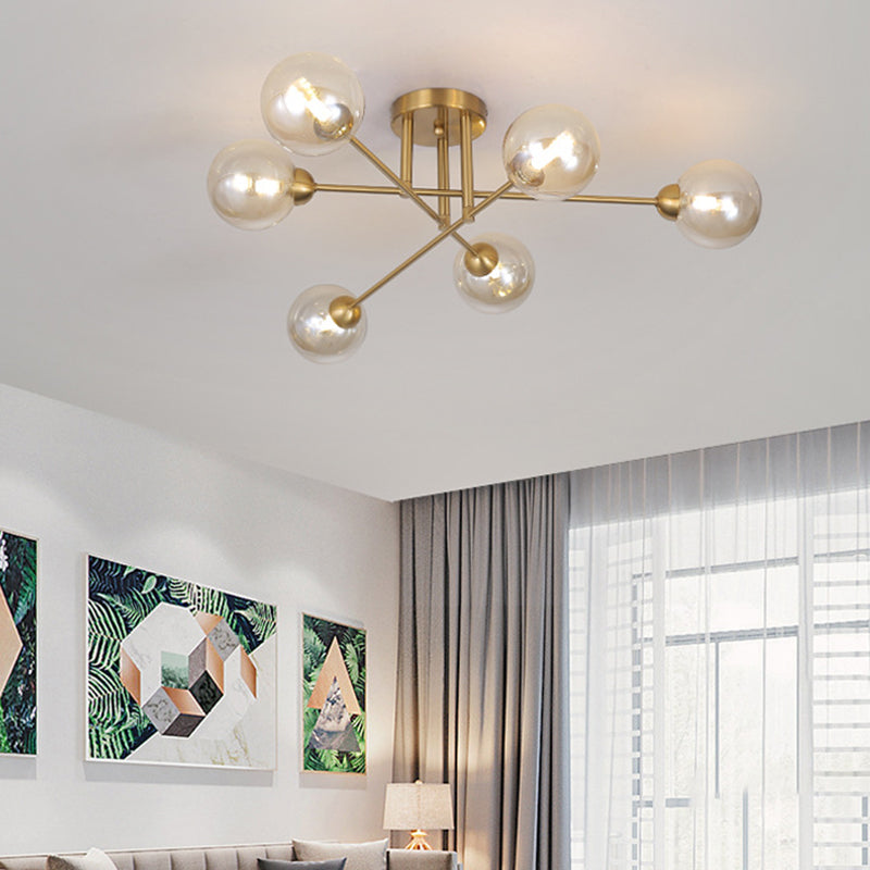 Post-Modern Metal Semi Flush Mount Globe Glass Shade Ceiling Flush Mount in Gold  for Bedroom