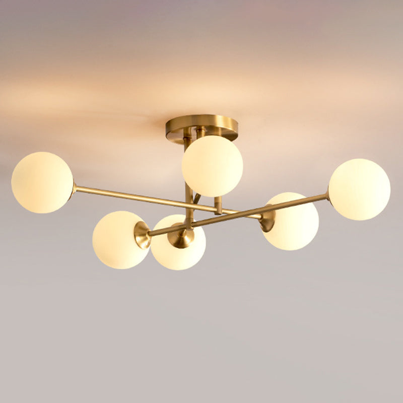 Post-Modern Metal Semi Flush Mount Globe Glass Shade Ceiling Flush Mount in Gold  for Bedroom