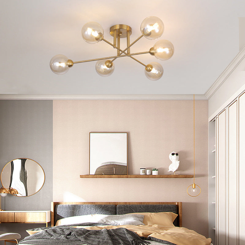 Post-Modern Metal Semi Flush Mount Globe Glass Shade Ceiling Flush Mount in Gold  for Bedroom