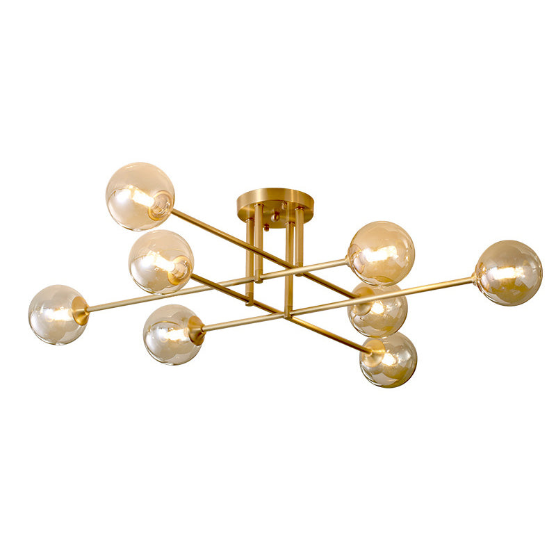 Postmoderne Metall Semi Flush Mount Globe Glasschatten Decke Spülhalterung in Gold für Schlafzimmer