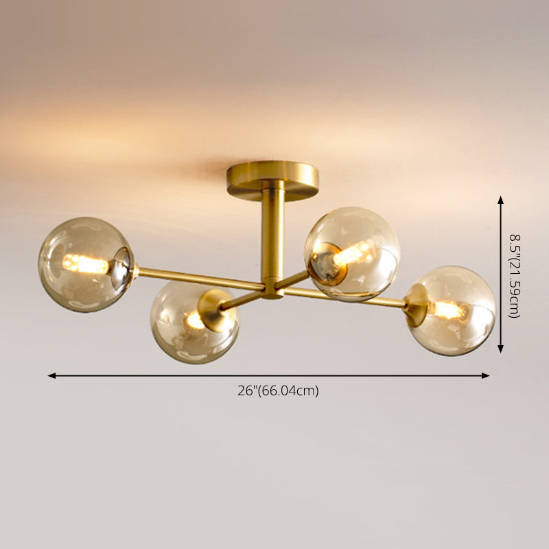 Post-Modern Metal Semi Flush Mount Globe Glass Shade Ceiling Flush Mount in Gold  for Bedroom