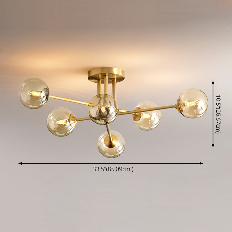 Post-Modern Metal Semi Flush Mount Globe Glass Shade Ceiling Flush Mount in Gold  for Bedroom