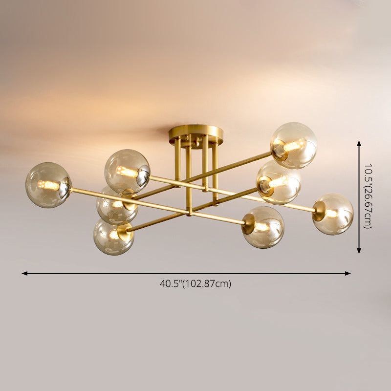 Postmoderne Metall Semi Flush Mount Globe Glasschatten Decke Spülhalterung in Gold für Schlafzimmer