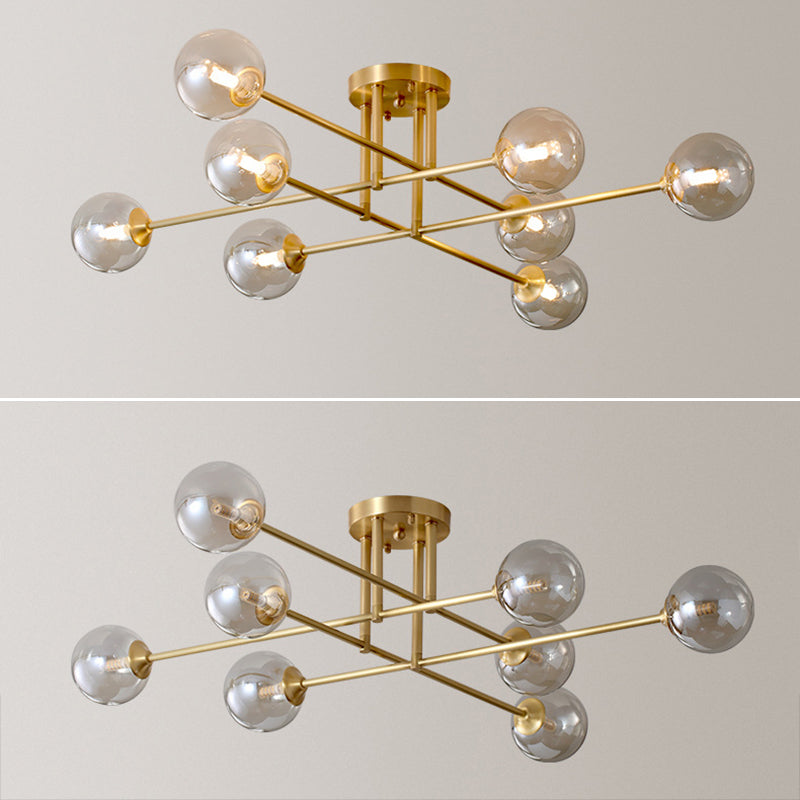 Post-Modern Metal Semi Flush Mount Globe Glass Shade Ceiling Flush Mount in Gold  for Bedroom