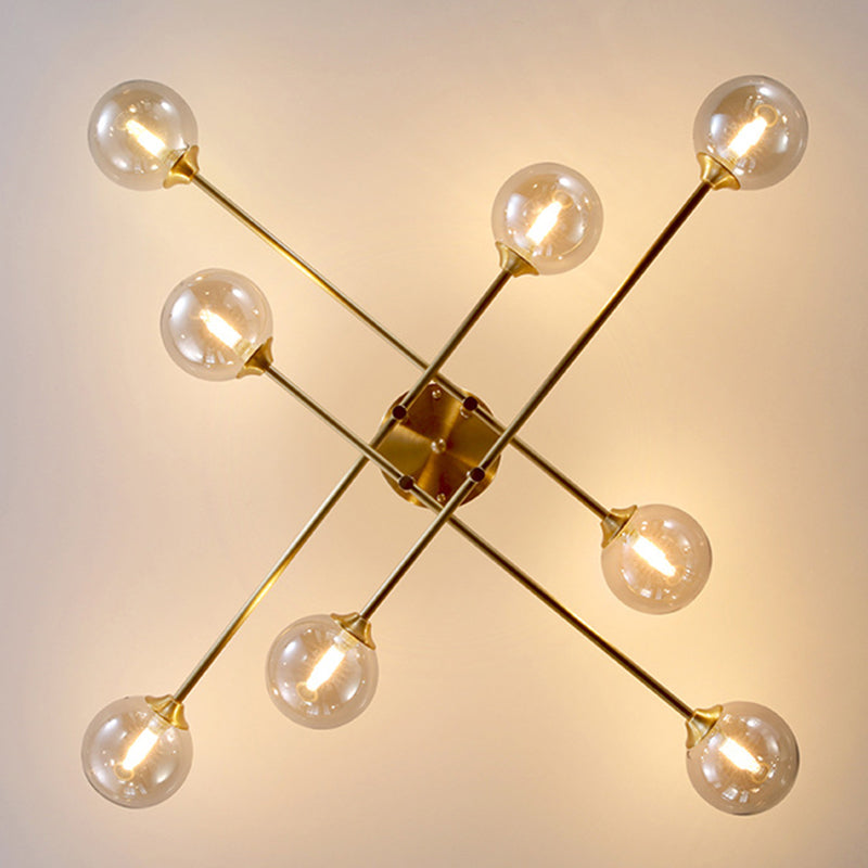 Postmoderne Metall Semi Flush Mount Globe Glasschatten Decke Spülhalterung in Gold für Schlafzimmer