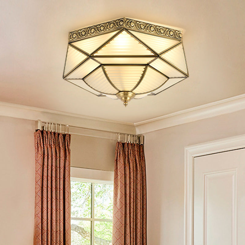 Colonialist Beveled Ceiling Mounted Light 4 Bulbs Opaline Glass Flush Mount Light Fixture in Brass for Bedroom