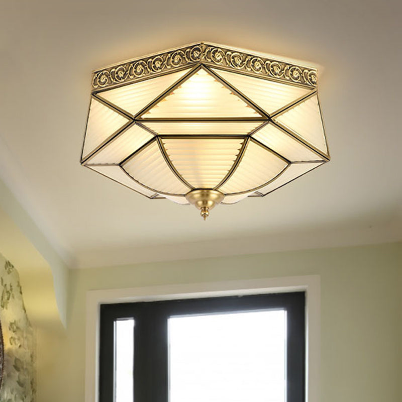 Colonialist Beveled Ceiling Mounted Light 4 Bulbs Opaline Glass Flush Mount Light Fixture in Brass for Bedroom