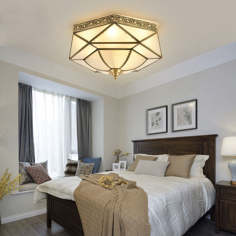 Colonialist Beveled Ceiling Mounted Light 4 Bulbs Opaline Glass Flush Mount Light Fixture in Brass for Bedroom