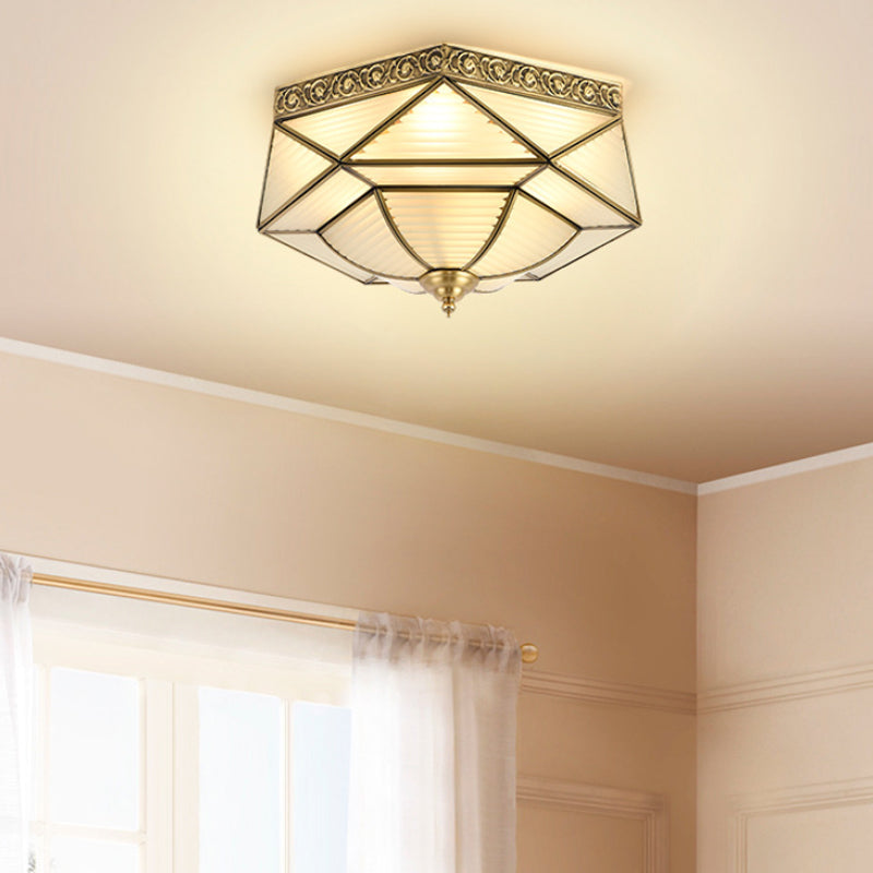 Colonialist Beveled Ceiling Mounted Light 4 Bulbs Opaline Glass Flush Mount Light Fixture in Brass for Bedroom