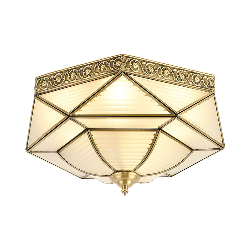 Colonialist Beveled Ceiling Mounted Light 4 Bulbs Opaline Glass Flush Mount Light Fixture in Brass for Bedroom