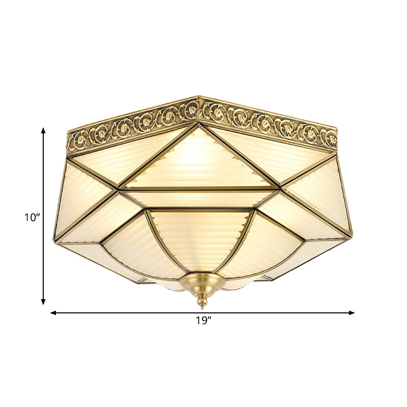 Colonialist Beveled Ceiling Mounted Light 4 Bulbs Opaline Glass Flush Mount Light Fixture in Brass for Bedroom