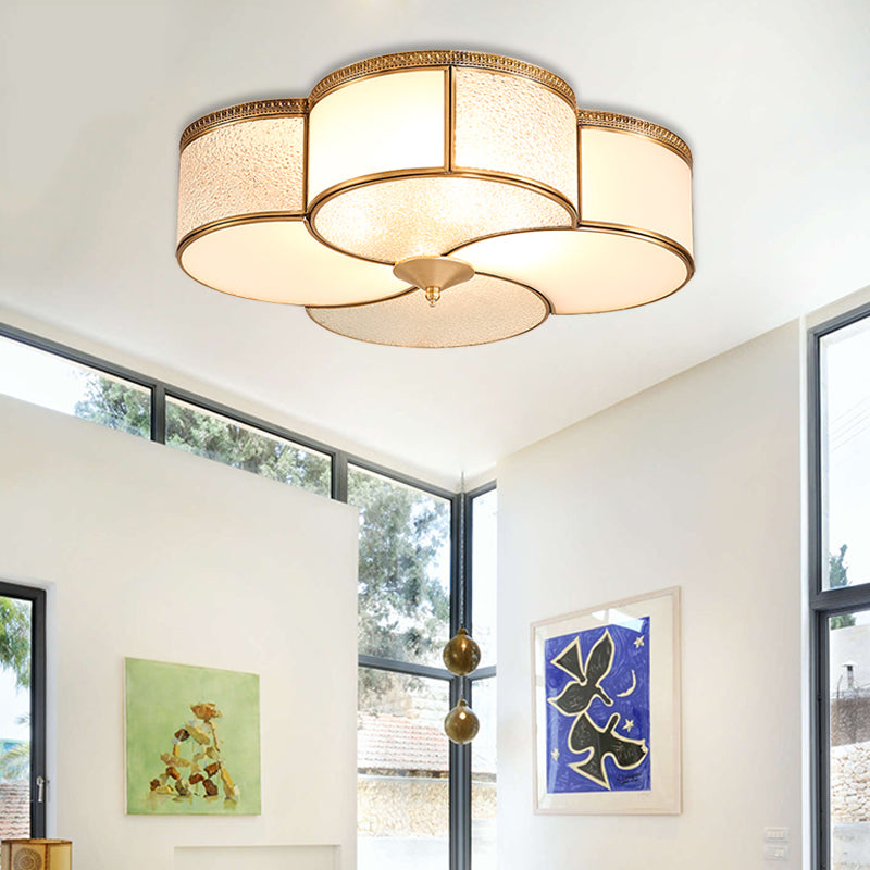 Brass 4 Lights Flush Mount Fixture Colonialism Curved Frosted Glass Clover Ceiling Mounted Light for Living Room