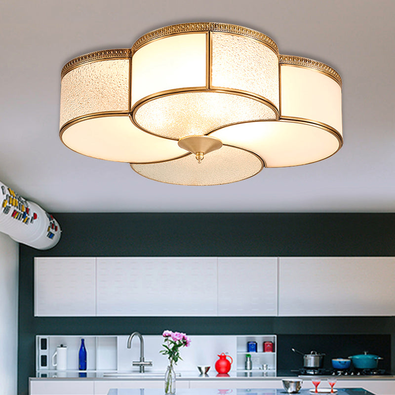 Brass 4 Lights Flush Mount Fixture Colonialism Curved Frosted Glass Clover Ceiling Mounted Light for Living Room