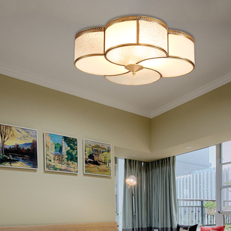 Brass 4 Lights Flush Mount Fixture Colonialism Curved Frosted Glass Clover Ceiling Mounted Light for Living Room