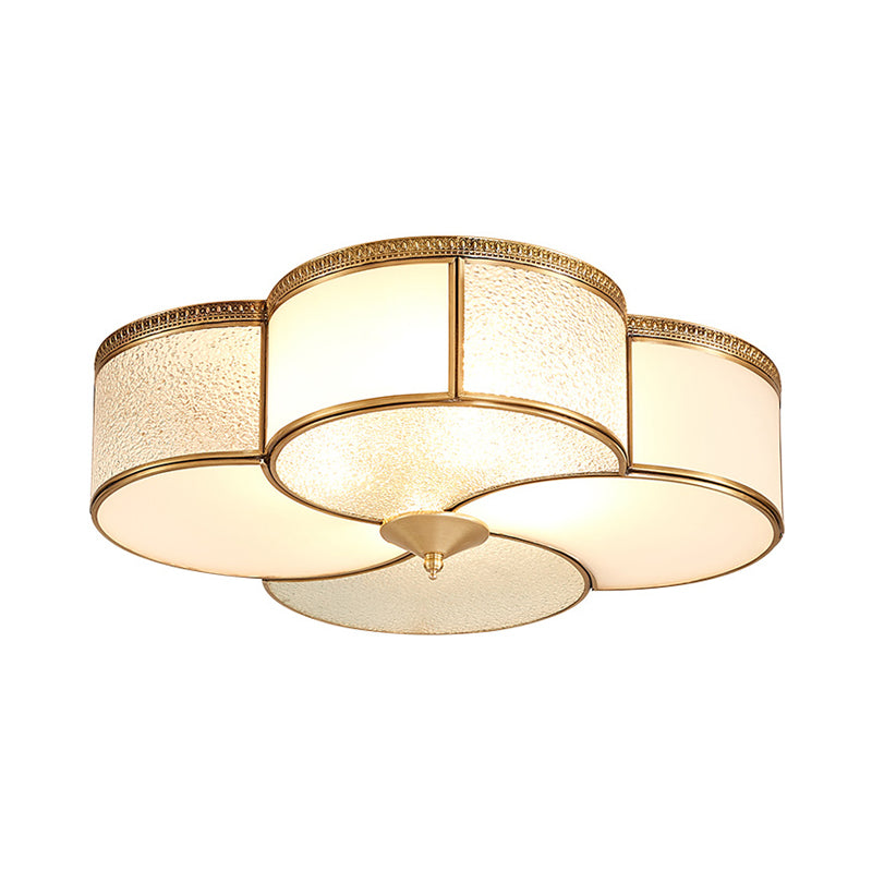 Brass 4 Lights Flush Mount Fixture Colonialism Curved Frosted Glass Clover Ceiling Mounted Light for Living Room