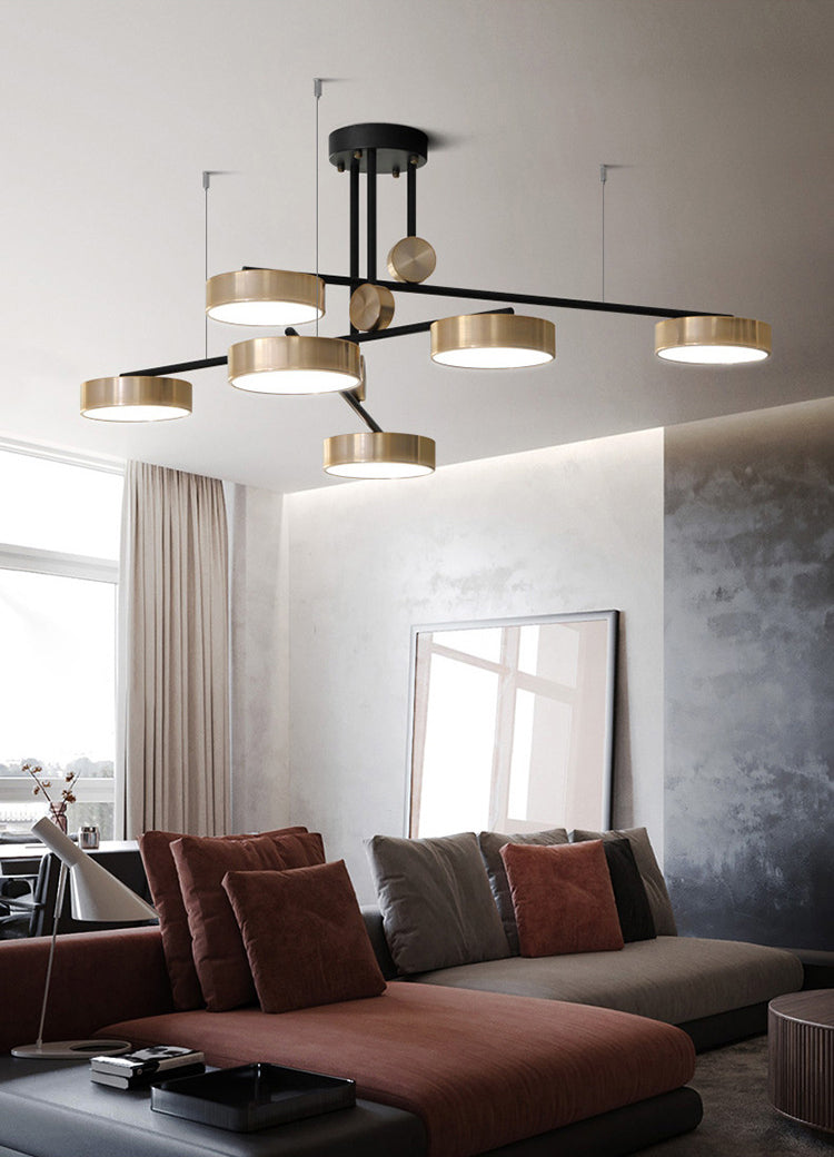 Gold Metal Pendant Light Mid-Century Modern Drum Shade Living Room Chandelier Lighting