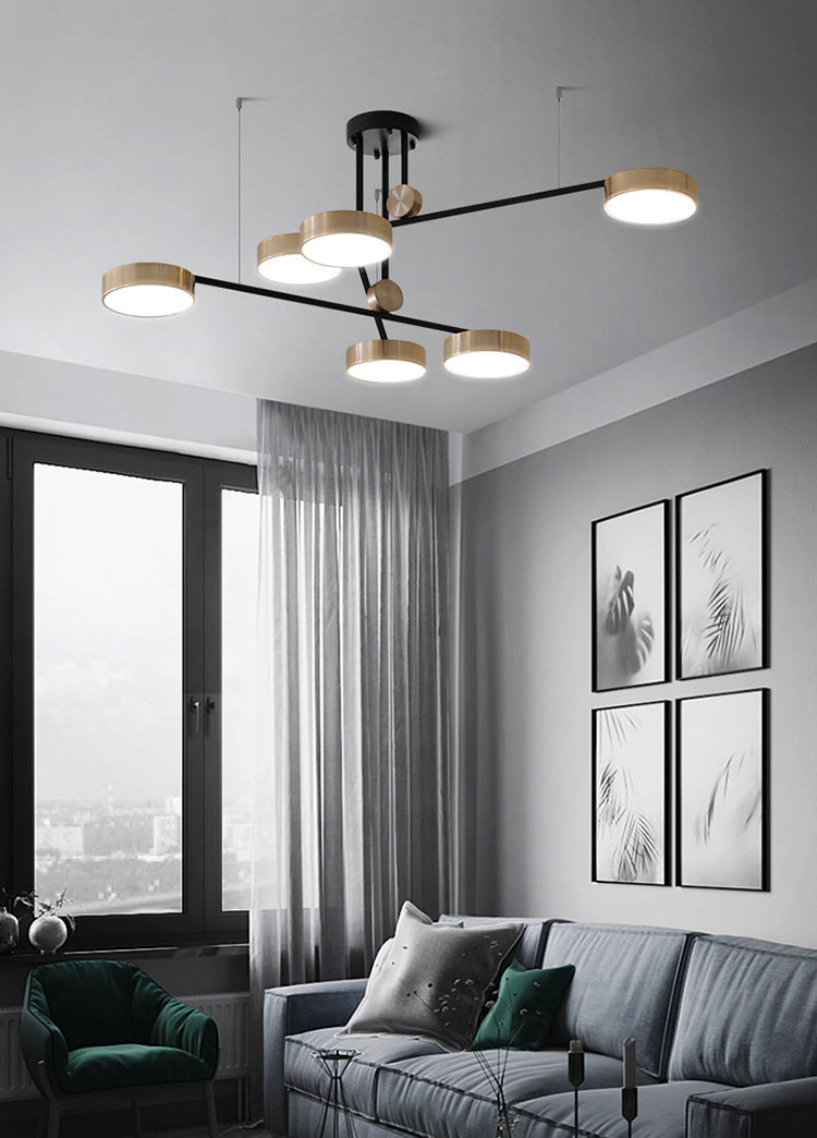 Gold Metal Pendant Light Mid-Century Modern Drum Shade Living Room Chandelier Lighting