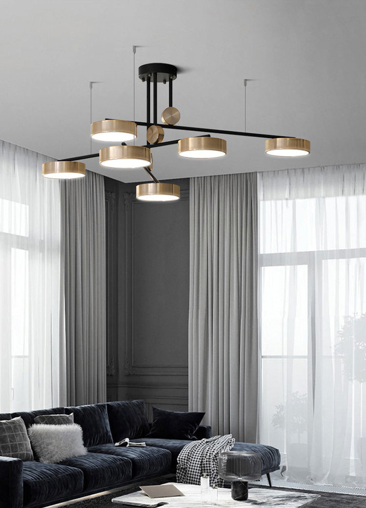 Gold Metal Pendant Light Mid-Century Modern Drum Shade Living Room Chandelier Lighting