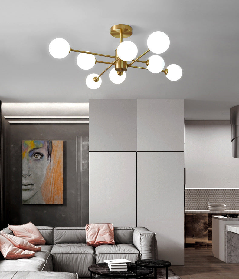 Post-Modern Metal Radial Hanging Chandelier Light Spherical Glass Shade Suspension Light  in Gold