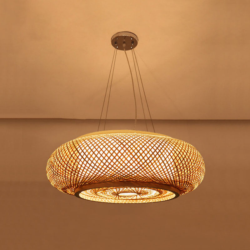 Bamboo Weaving Round Hanging Lamp Chinese Wooden Suspension Lighting Fixture for Bedroom