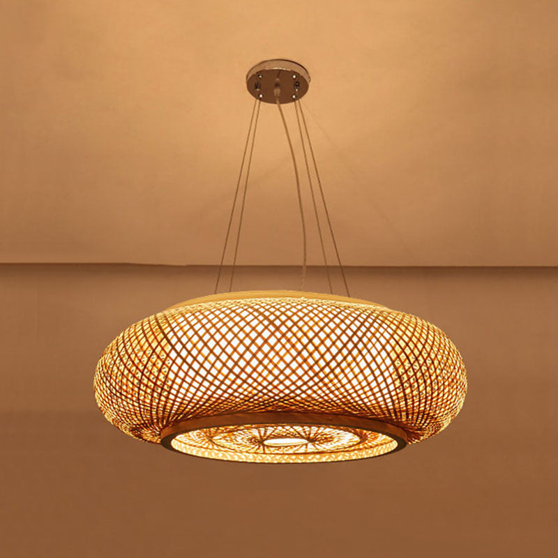 Bamboo Weaving Round Hanging Lamp Chinese Wooden Suspension Lighting Fixture for Bedroom