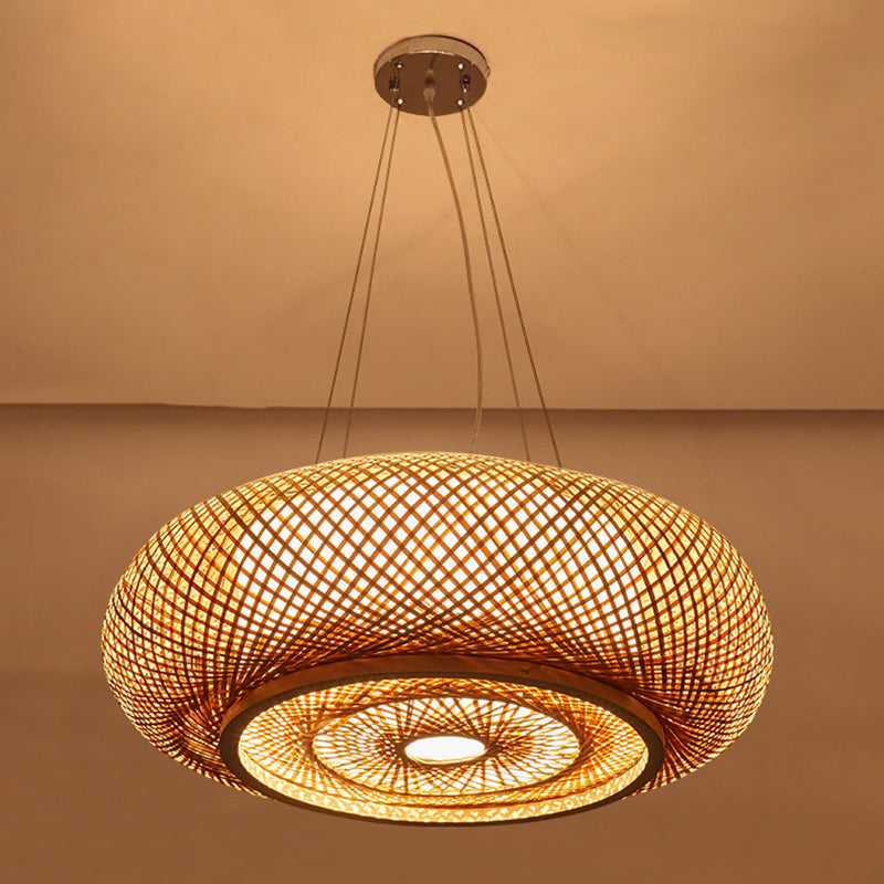 Bamboo Weaving Round Hanging Lamp Chinese Wooden Suspension Lighting Fixture for Bedroom