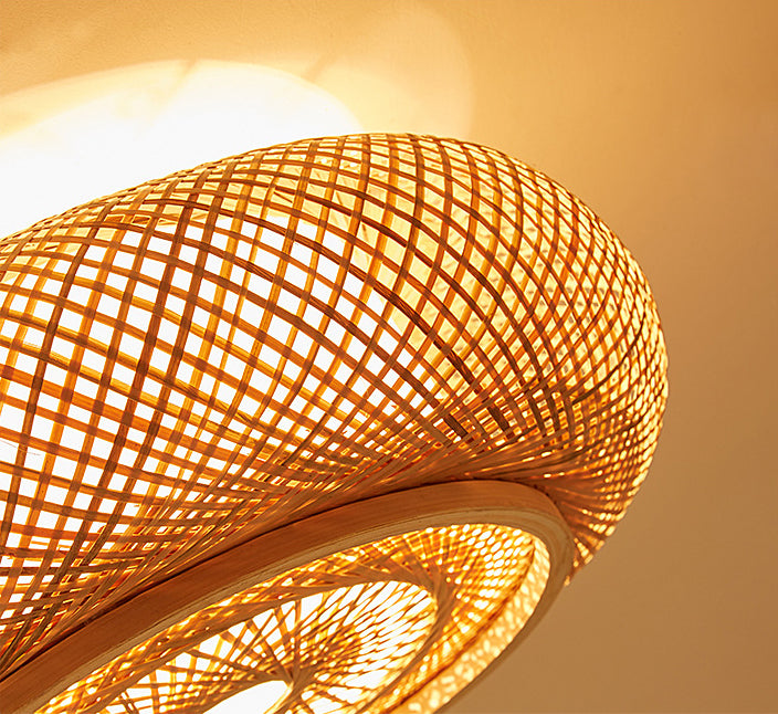 Bamboo Weaving Round Hanging Lamp Chinese Wooden Suspension Lighting Fixture for Bedroom