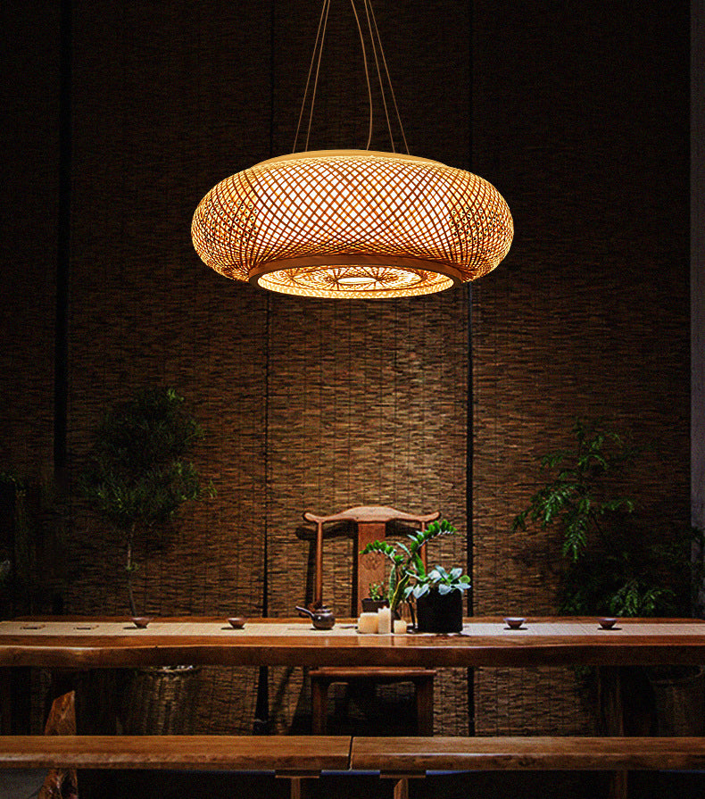 Bamboo Weaving Round Hanging Lamp Chinese Wooden Suspension Lighting Fixture for Bedroom