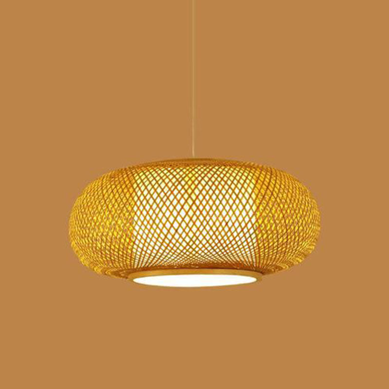 Asian Style Hand-weaving Bamboo Hanging Lamp Lanterns Shaped Single Bulb Lighting Fixture for Restaurant