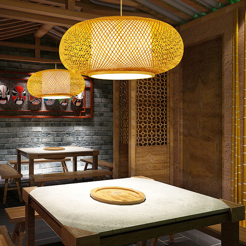 Asian Style Hand-weaving Bamboo Hanging Lamp Lanterns Shaped Single Bulb Lighting Fixture for Restaurant