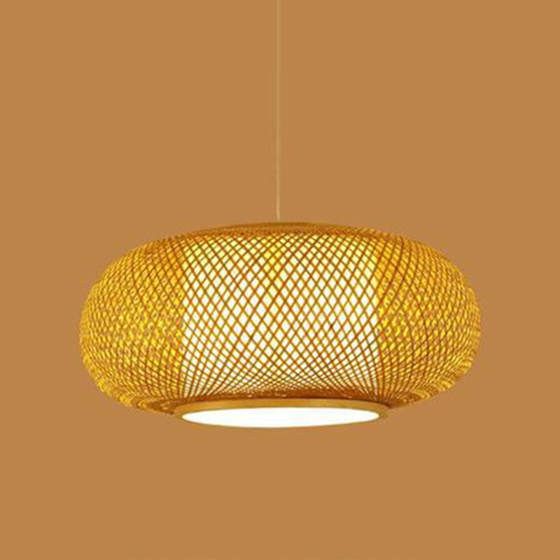 Asian Style Hand-weaving Bamboo Hanging Lamp Lanterns Shaped Single Bulb Lighting Fixture for Restaurant