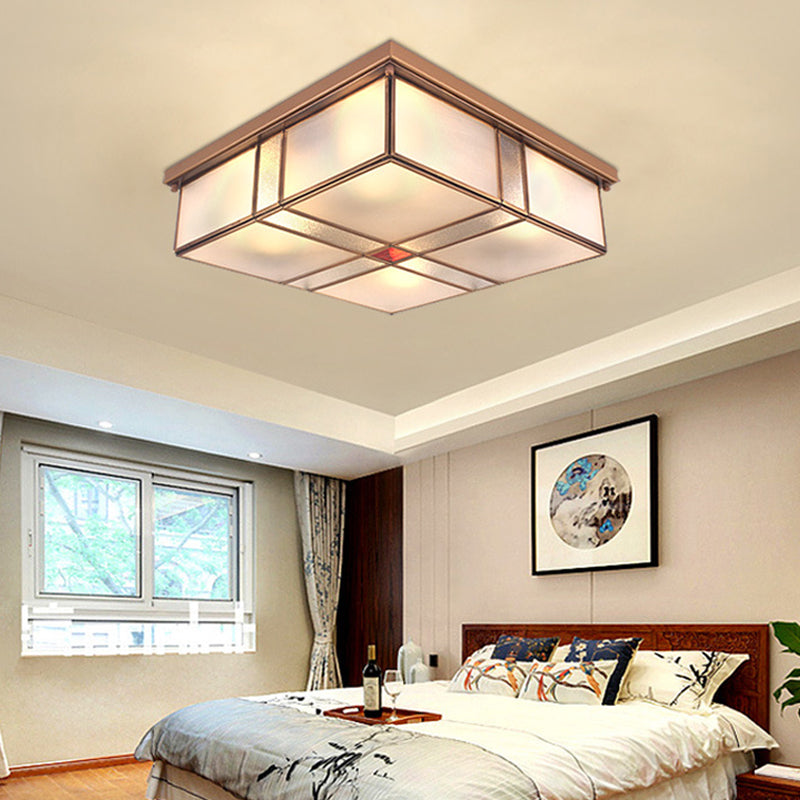 Square Milky Glass Ceiling Mounted Fixture Colonial 3/4 Bulbs Living Room Flush Mount Ceiling Lamp in Brass