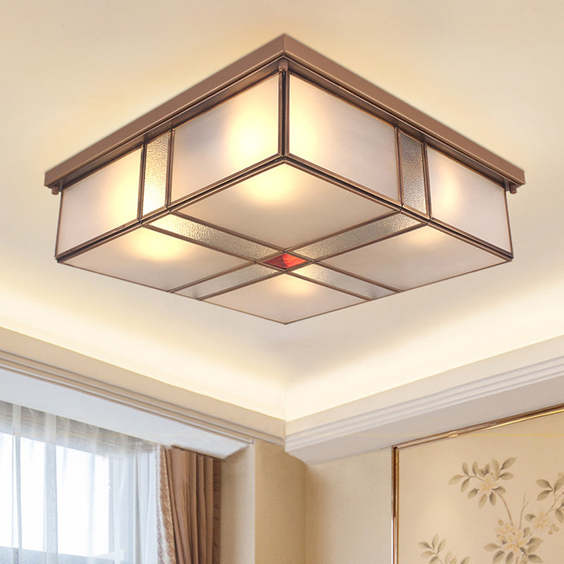 Square Milky Glass Ceiling Mounted Fixture Colonial 3/4 Bulbs Living Room Flush Mount Ceiling Lamp in Brass