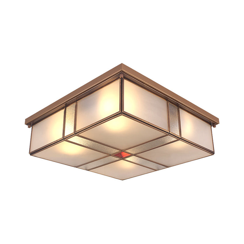 Square Milky Glass Ceiling Mounted Fixture Colonial 3/4 Bulbs Living Room Flush Mount Ceiling Lamp in Brass