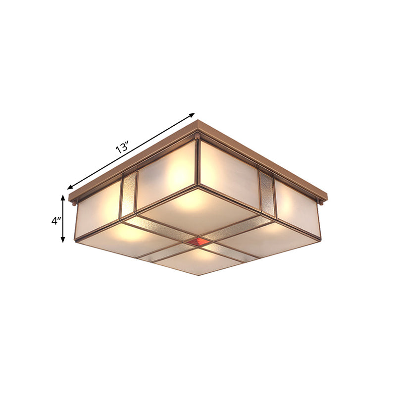 Square Milky Glass Ceiling Mounted Fixture Colonial 3/4 Bulbs Living Room Flush Mount Ceiling Lamp in Brass