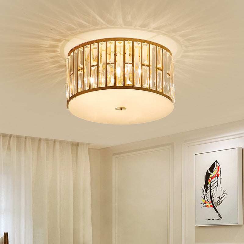 7.5"/16"/22" Wide Drum Flush Mount Modernist Cut Crystal Gold 5 Bulbs Ceiling Mount Light Fixture with Opal Glass Diffuser