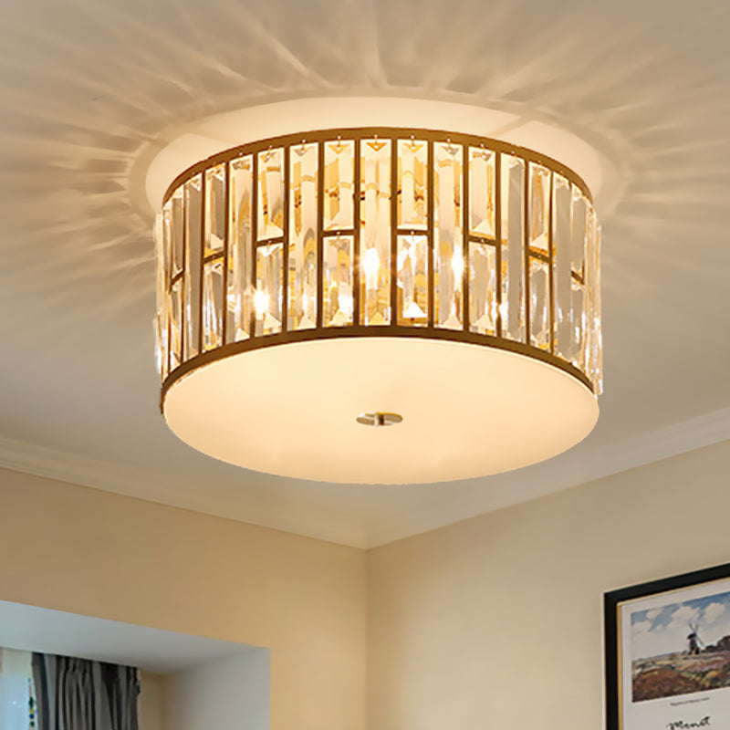 7.5"/16"/22" Wide Drum Flush Mount Modernist Cut Crystal Gold 5 Bulbs Ceiling Mount Light Fixture with Opal Glass Diffuser