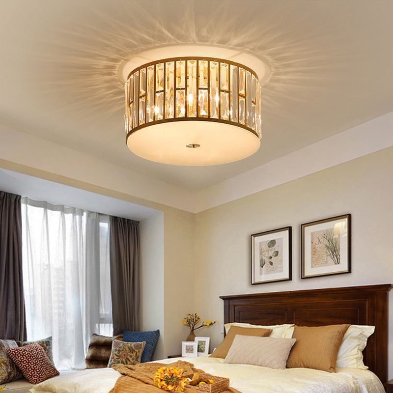 7.5"/16"/22" Wide Drum Flush Mount Modernist Cut Crystal Gold 5 Bulbs Ceiling Mount Light Fixture with Opal Glass Diffuser