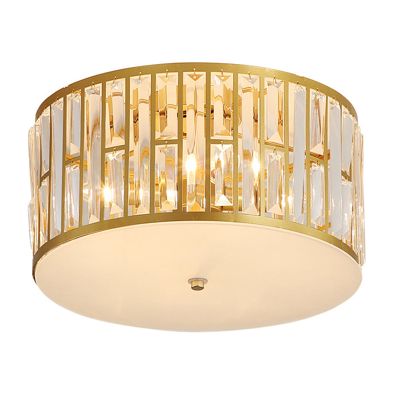 7.5"/16"/22" Wide Drum Flush Mount Modernist Cut Crystal Gold 5 Bulbs Ceiling Mount Light Fixture with Opal Glass Diffuser