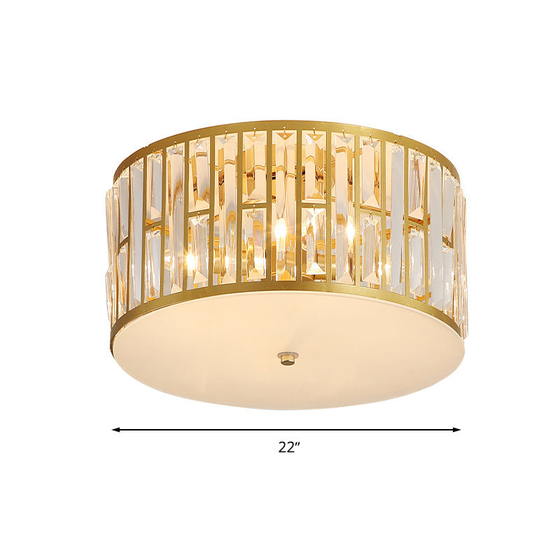 7.5"/16"/22" Wide Drum Flush Mount Modernist Cut Crystal Gold 5 Bulbs Ceiling Mount Light Fixture with Opal Glass Diffuser