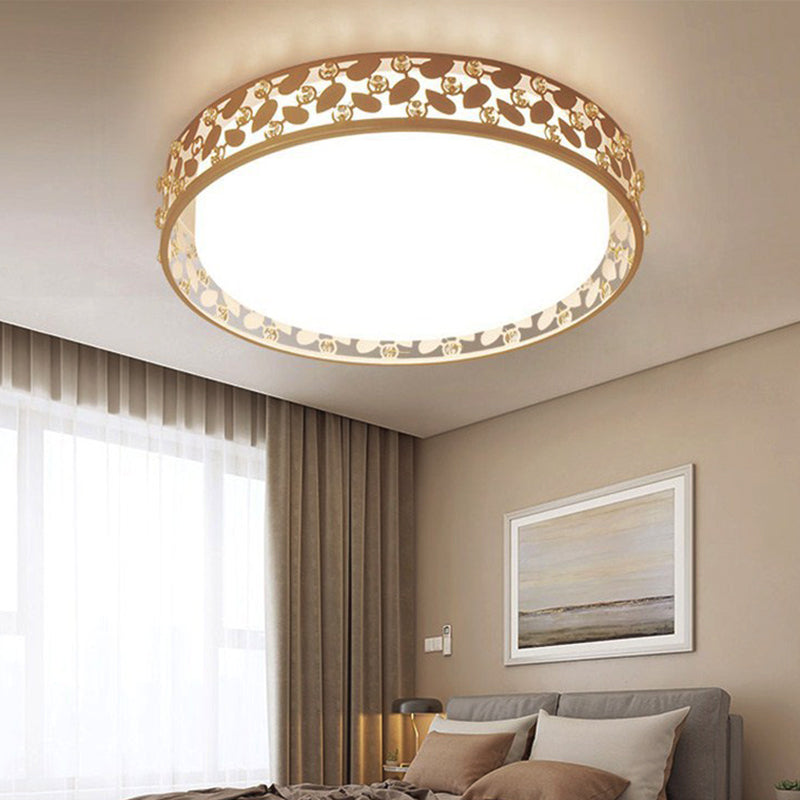 Cylindrical K9 Crystal Flush Mount Contemporary LED Gold Ceiling Lighting  in Remote Control Stepless Dimming/3 Color Light for Bedroom