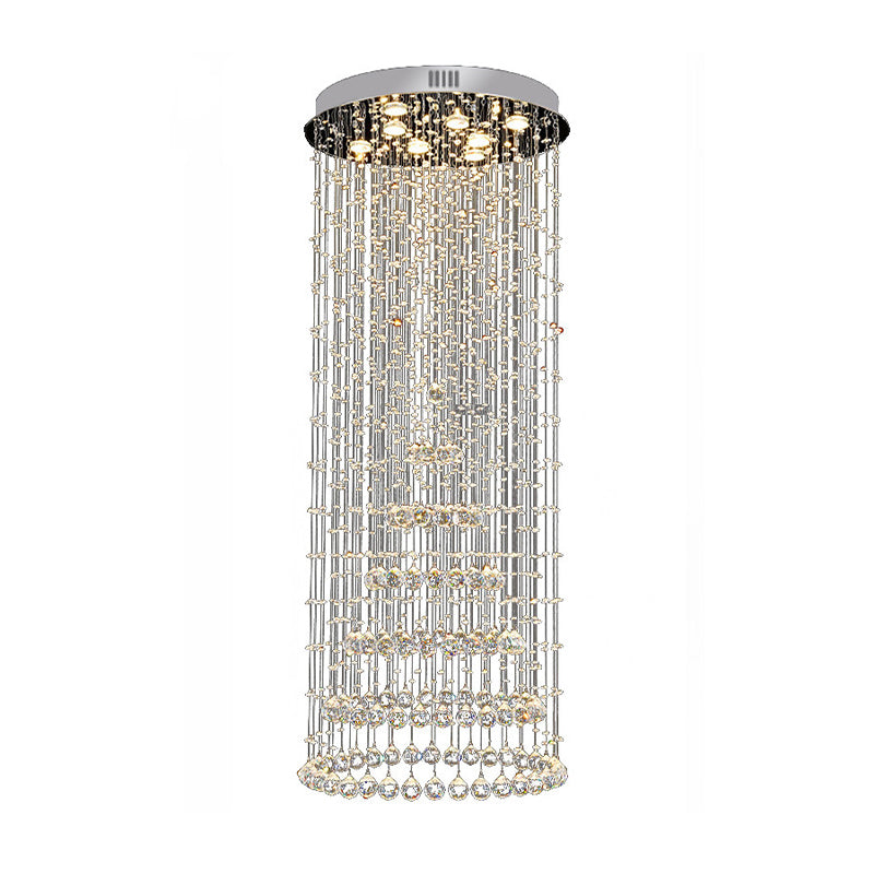 Cylinder Flush Mount Lighting Minimalist Crystal Ball 8 Lights Nickel Close to Ceiling Lamp