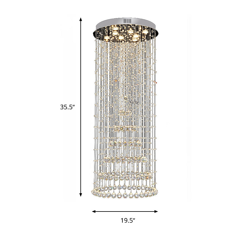 Cylinder Flush Mount Lighting Minimalist Crystal Ball 8 Lights Nickel Close to Ceiling Lamp