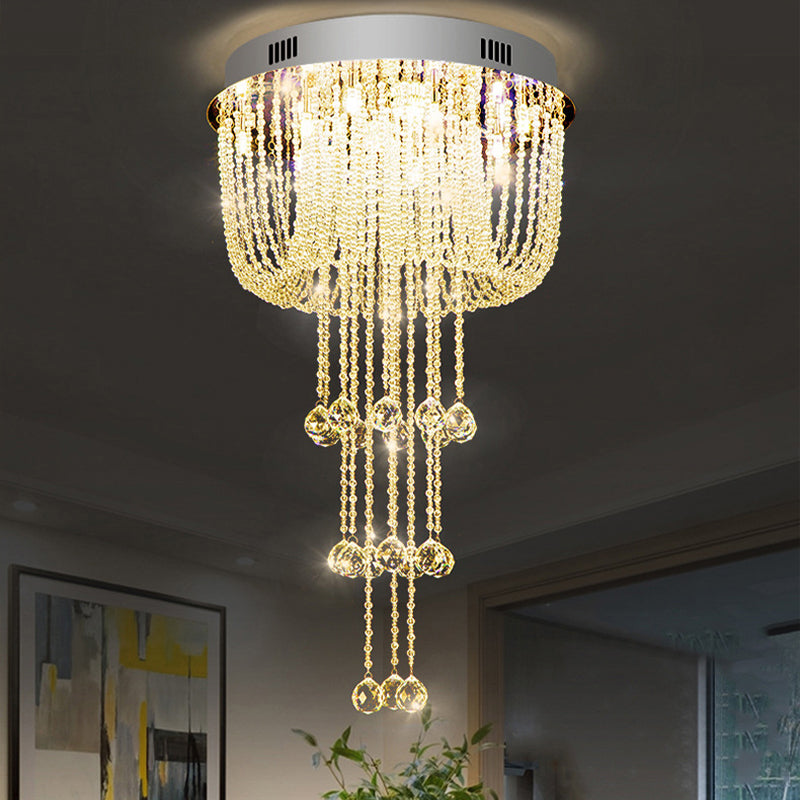 Beaded Living Room Flush Light Fixture Crystal LED Contemporary Flush Mount Ceiling Lighting in Nickel