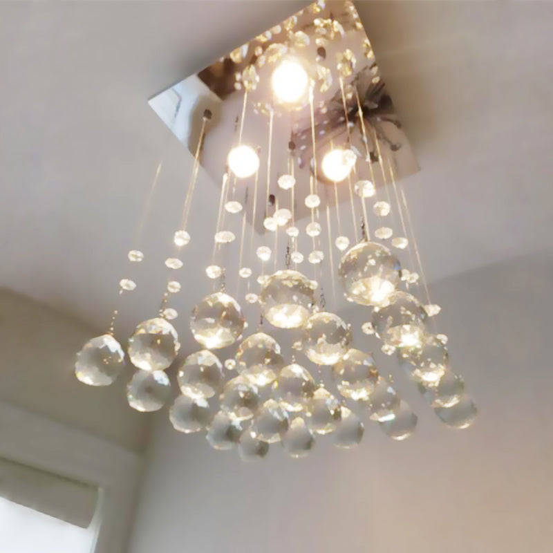 Minimalist Vierkant Flush Light Fixture Crystal Ball 3 Lampen Woonkamer Plafond Flush Mount in Nickel